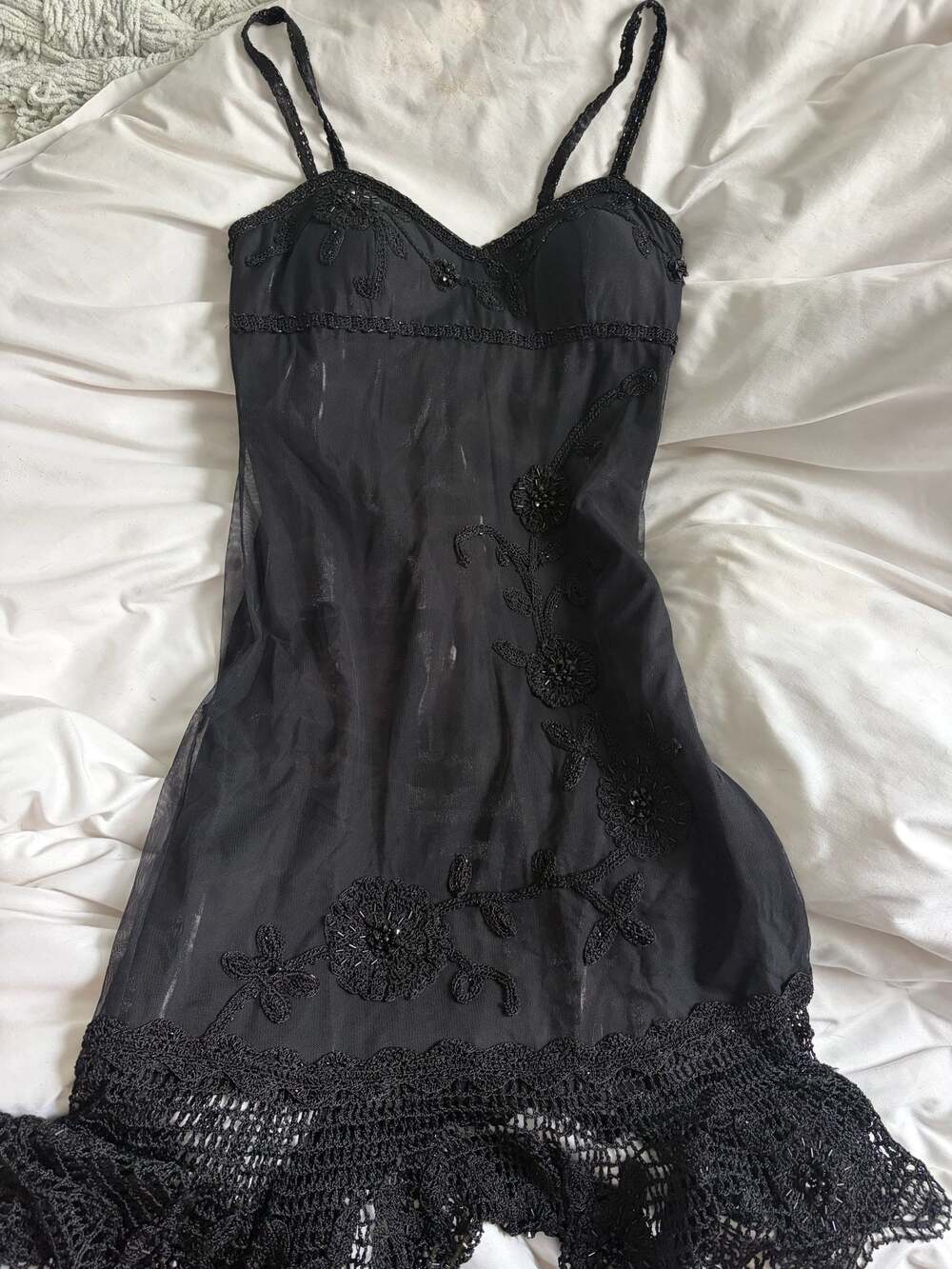 2000s Cache Women's Black Sleeveless Beaded Mesh Midi Dress